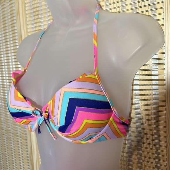 Victoria's Secret 2 Piece Bikini Bright Rainbow Chevron Stripes Halter Top M - Picture 5 of 16
